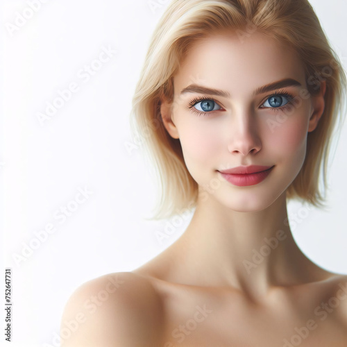 A beautiful young blonde woman on a white background