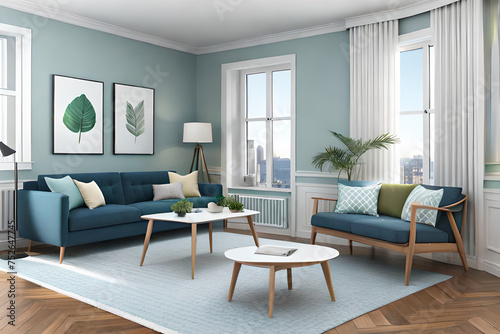 abstract interior of a rural house room with beautiful window view. High quality illustration