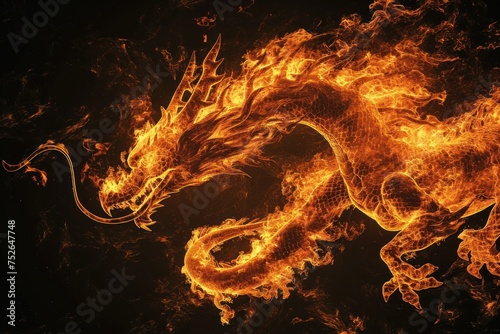 A dragon made from fire and lights over black background. © rabbit75_fot