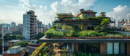Sustainable urban gardening rooftops bloom with greenery, city residents embrace gardening activities.