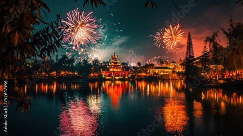 Beautiful fireworks show in city over traditional building to celebrate Chinese lunar new year. © rabbit75_fot