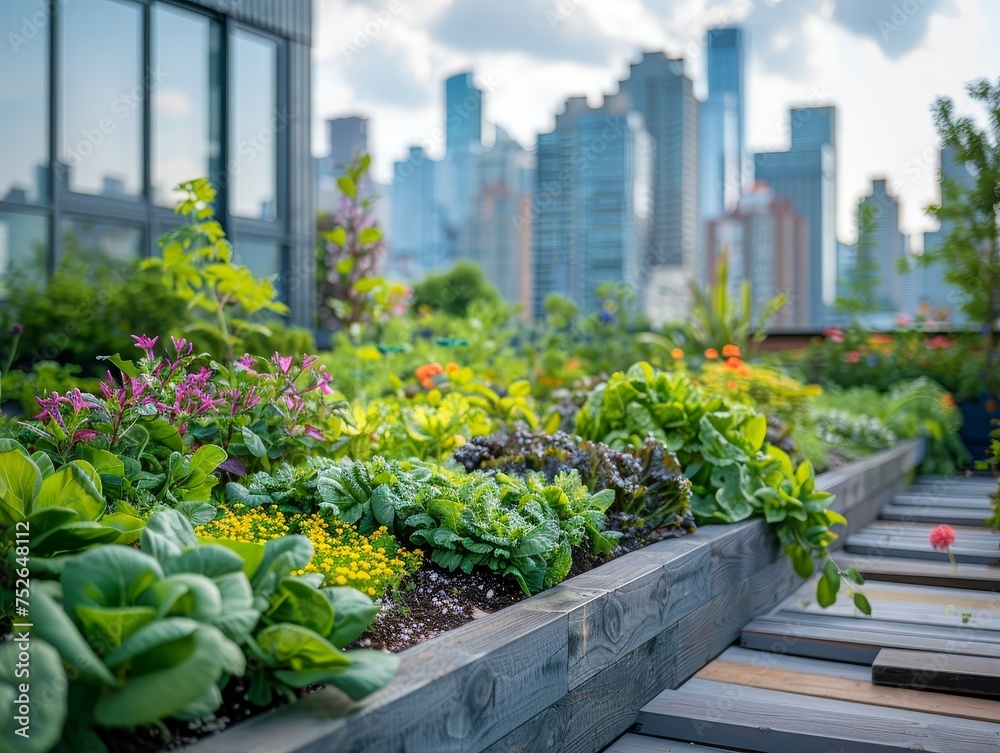 Thriving rooftop garden in an urban setting with plants, vegetables, skyline in background; emphasizes green living.