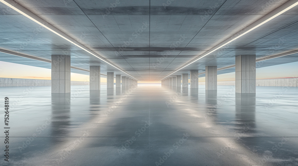 Empty concrete floor for car park. 3d rendering of abstract white building with clear sky background.