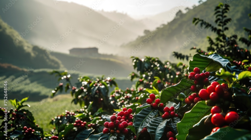 Fresh coffee berries from plantation farm at sunrise in a foggy morning. - obrazy, fototapety, plakaty 