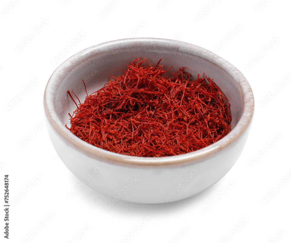Aromatic saffron in bowl isolated on white Aromatic saffron in bowl isolated on white