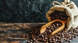 Close-up view of a sack of coffee beans on table.