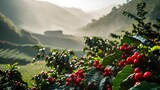Fresh coffee berries from plantation farm at sunrise in a foggy morning.