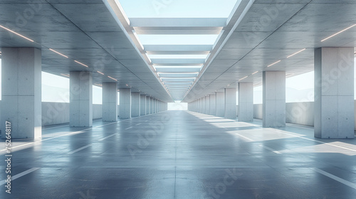 Empty concrete floor for car park. 3d rendering of abstract white building with clear sky background.