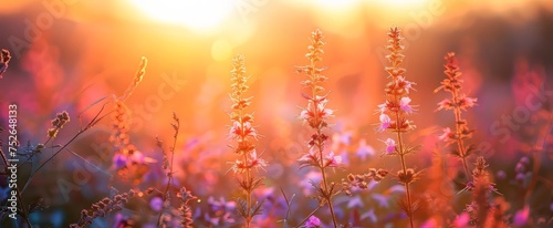 Golden hour glow on wildflowers, a serene meadow scene with a shallow depth of field and bokeh. © DailyStock