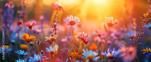 Golden hour glow on wildflowers  a serene meadow scene with a shallow depth of field and bokeh.