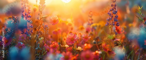 Golden hour glow on wildflowers, a serene meadow scene with a shallow depth of field and bokeh.