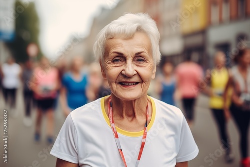 Senior woman running marathon. Generative AI