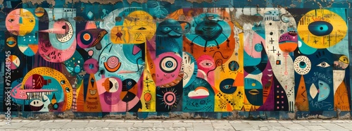 A vivid, multicolored street art mural featuring abstract patterns and stylized eyes on an urban wall.