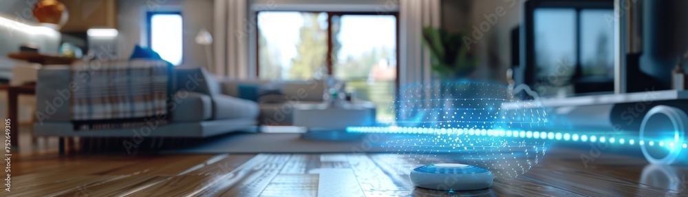 Voice-activated devices showcase smart living, offering hands-free control for household tasks in a futuristic home. Voice-activated devices showcase smart living, offering hands-free control for household tasks in a futuristic home.