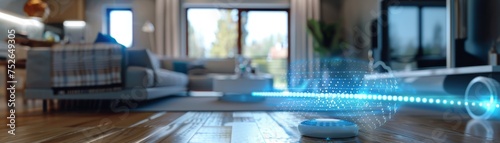 Voice-activated devices showcase smart living  offering hands-free control for household tasks in a futuristic home.