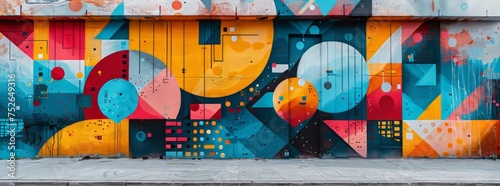 Captivating urban street art with a kaleidoscope of colors and abstract eye motifs on a city wall.