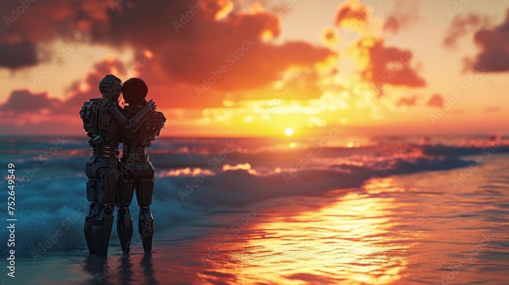 a couple of robots hugging on a beach at sunset, with waves crashing in the background generative ai