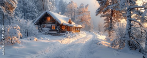 A secluded winter cabin getaway with snow-covered surroundings, warm light peeking through windows, offers coziness.