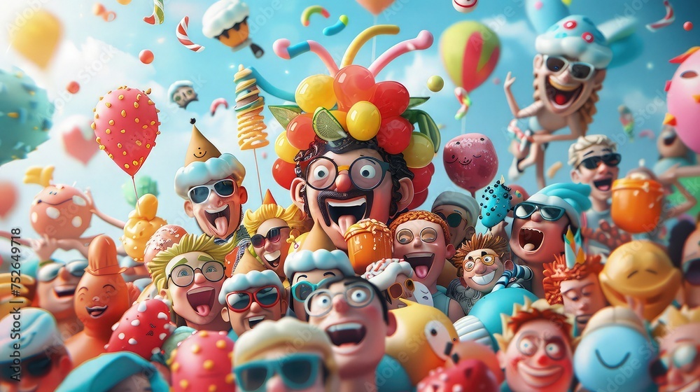 Festive Cartoon Characters: Colorful Gathering of Cheerful Cartoon People Celebrating
