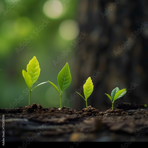 The concept of tree growth illustrated by beautiful green coffee bean seedlings against a natural backdrop, Ai Generated. photo