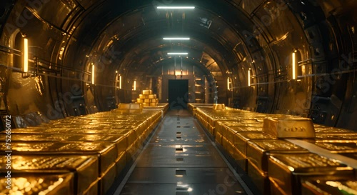 Piles of shiny gold bullion bars in a secure vault photo