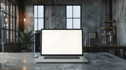 Desk Laptop with blank screen on table of coffee