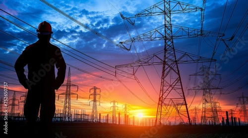 Expert electrician safely fixing high voltage power lines on a transmission tower at great height