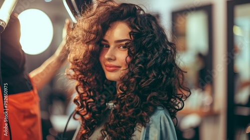 blow drying curly hair generative ai photo