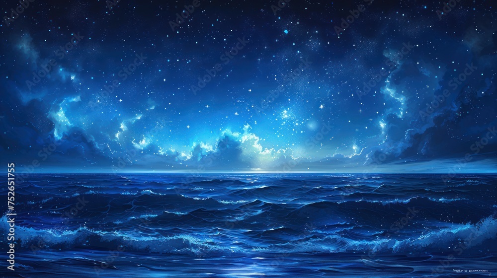 A serene night scene with a dazzling starry sky reflecting over a calm blue ocean, with distant coastline silhouettes.