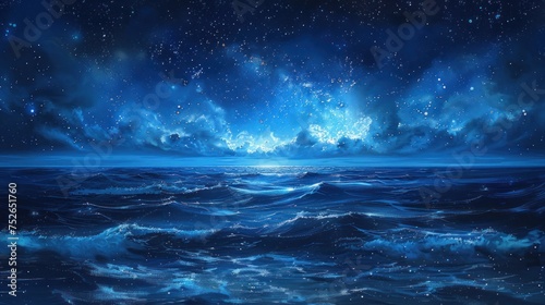 A serene night scene with a dazzling starry sky reflecting over a calm blue ocean, with distant coastline silhouettes.