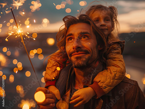 Heartwarming scene of a man with child on shoulders holding sparklers, sharing a joyous moment during twilight photo