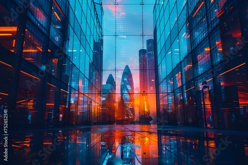 Cityscape with many skyscrapers seen between large glass buildings at sunset