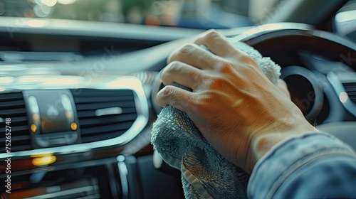 Closeup of man hand wipe with napkin cleaning luxury car panel. © Kartika