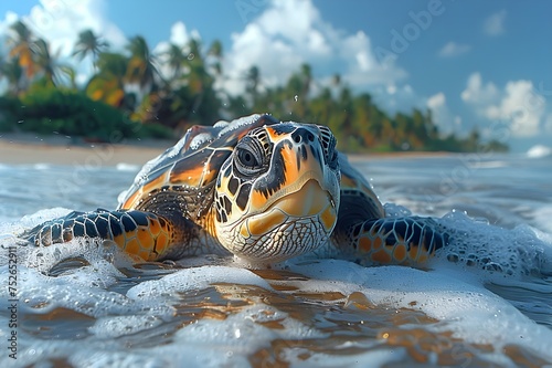 Sea turtle crawling out on the sandy beach