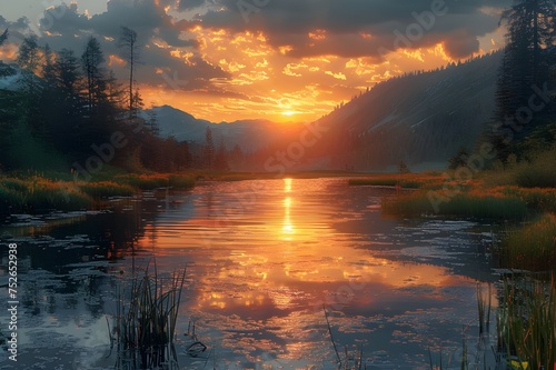 Beautiful natural landscape with mountains and river at sunset