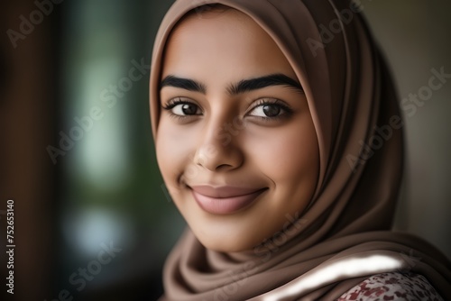 Portrait of a young Muslim woman in a hijab, looking at the camera and smiling