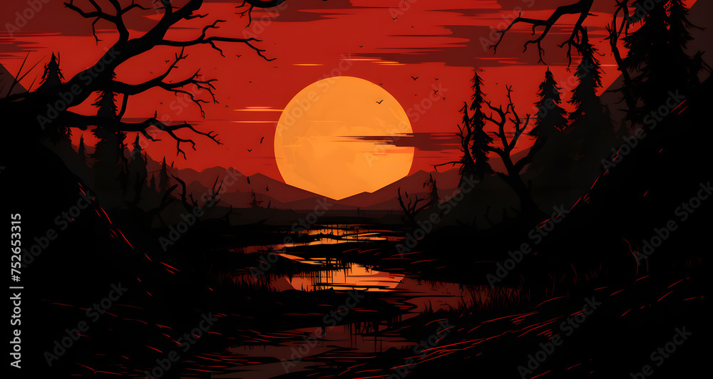 sunset scene with a river and dead trees