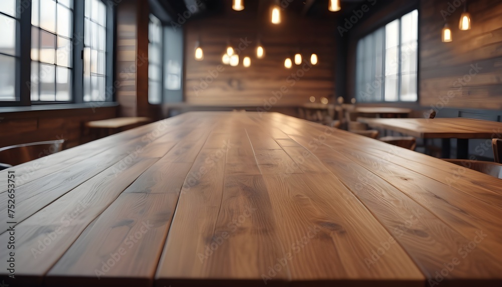 Lofty chill modern restaurant with wooden table and Depth of field , blurred background	
