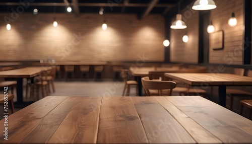 Lofty chill modern restaurant with wooden table and Depth of field   blurred background  