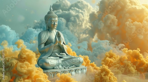 beautiful 3D image of a thai buddha The attitude of meditation,palm facing out, on golden cloud, in the style of sketchfab, detailed character illustrations, copy space - generative ai #752653771