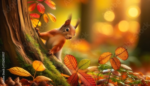 A squirrel curiously peeking out from behind a tree, with colorful autumn leaves in the background.