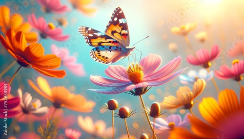 A butterfly landing delicately on a blooming flower in a bright, colorful garden. © FantasyLand86