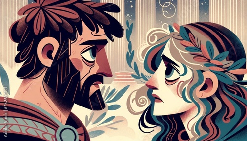 Create a whimsical animated art style image, coherent with the previous images, showcasing the reunion of Helen and Menelaus after the fall of Troy. photo