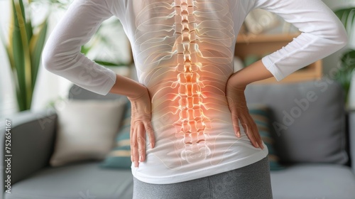 Highlighted spine of woman in pain, digital composite, home environment, healthcare concept photo