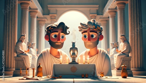A whimsical animated art style image depicting the Dioscuri, Castor and Pollux, making an offering at an altar to Zeus. photo