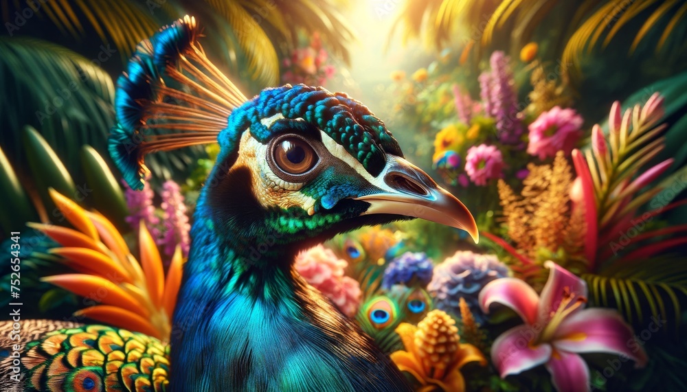 A close-up, high-quality scene focusing on the head and upper body of a majestic peacock in a tropical setting. A close-up, high-quality scene focusing on the head and upper body of a majestic peacock in a tropical setting.