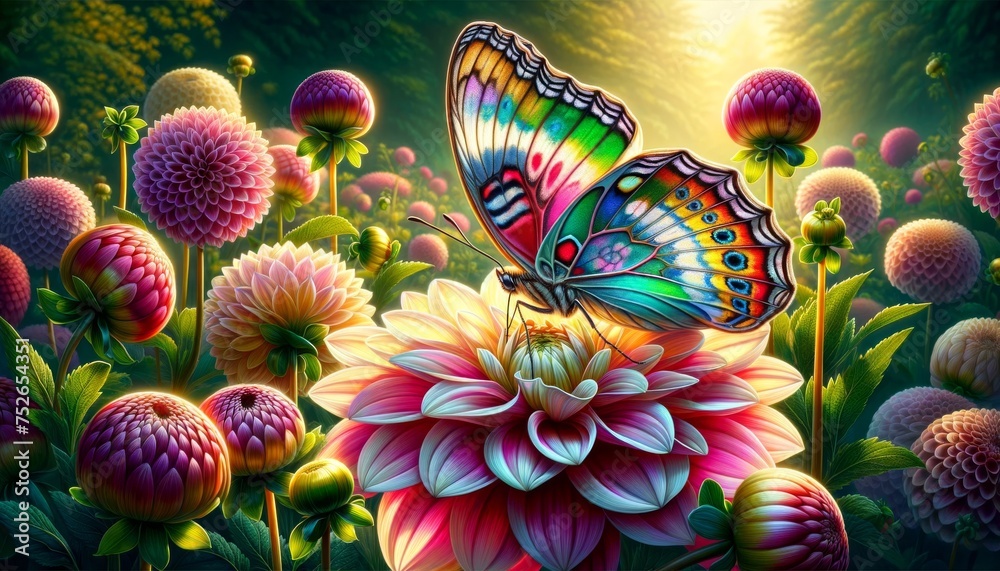 A detailed and high-quality scene of a delicate butterfly perched on a brightly colored dahlia flower in full bloom. - obrazy, fototapety, plakaty 