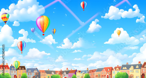 a colorful air ballons flying above a town