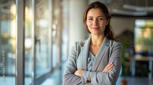 Successful business woman inside office, standing with arms crossed. With Copy Space