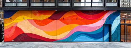 Abstract urban mural with undulating waves of bold, colorful patterns creating a dynamic visual flow. photo
